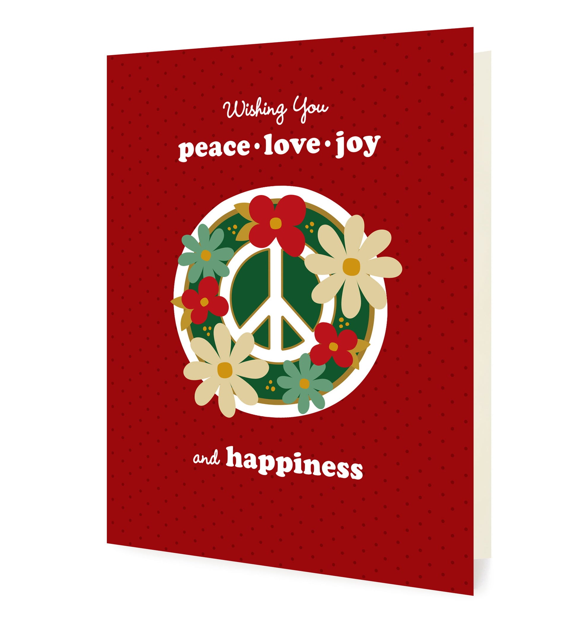Front of folded holiday card featuring a peace sign adorned with flowers and heartfelt “Wishing you peace, love, joy and happiness” greeting on a speckled red background. 