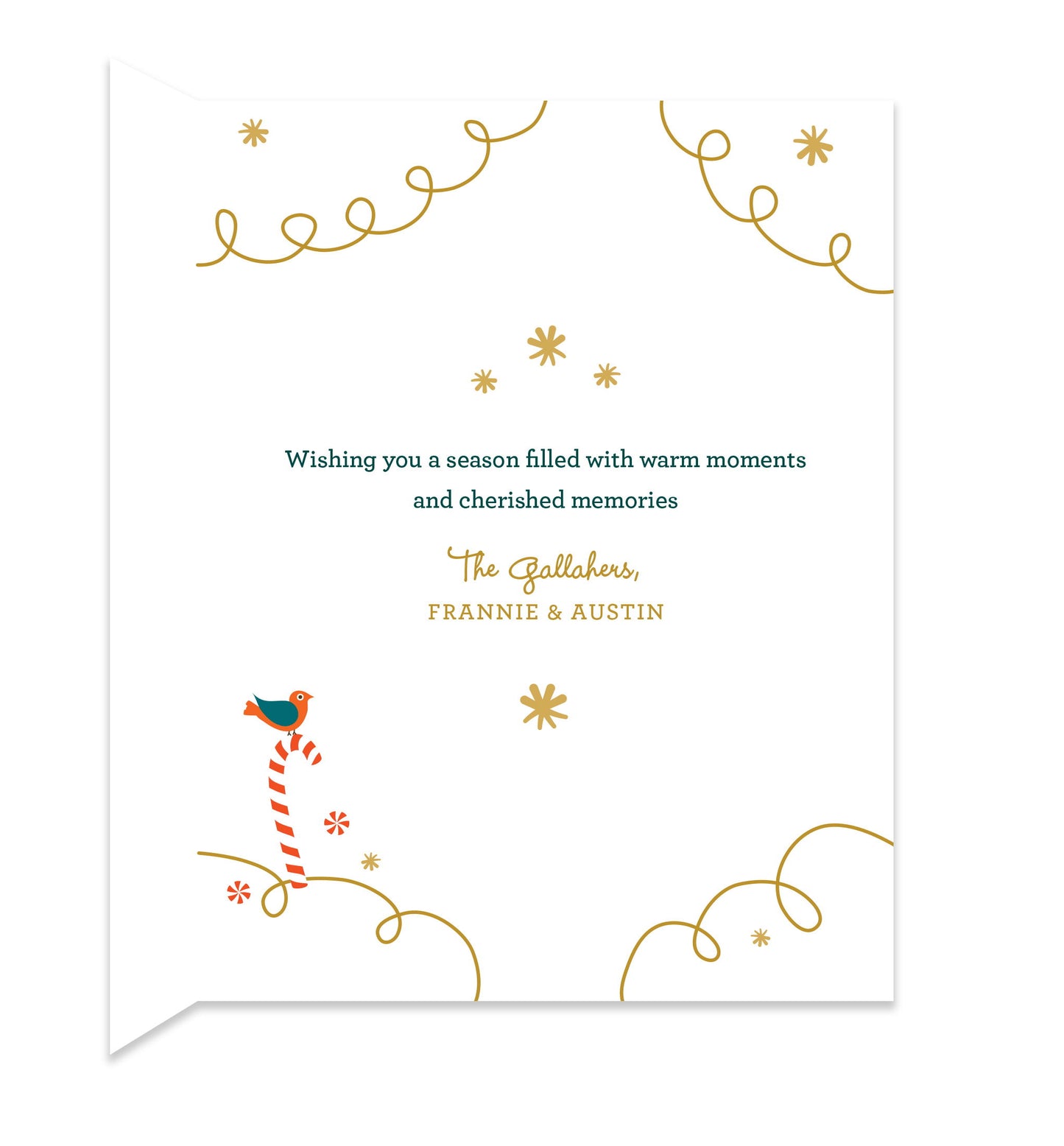 Inside of folded holiday card with coordinating festive design and a personal greeting.