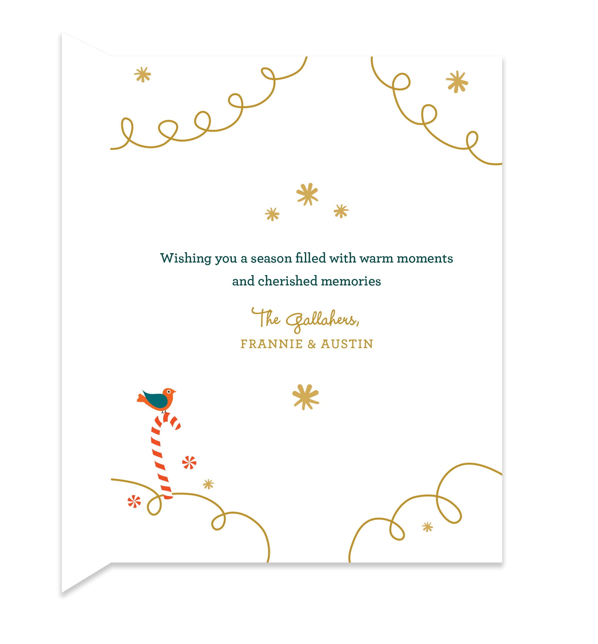 Inside of folded holiday card with coordinating festive design and a personal greeting.