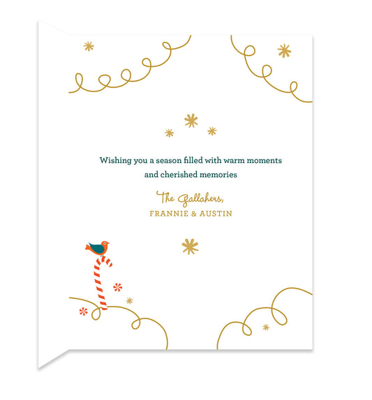Inside of folded holiday card with coordinating festive design and a personal greeting.