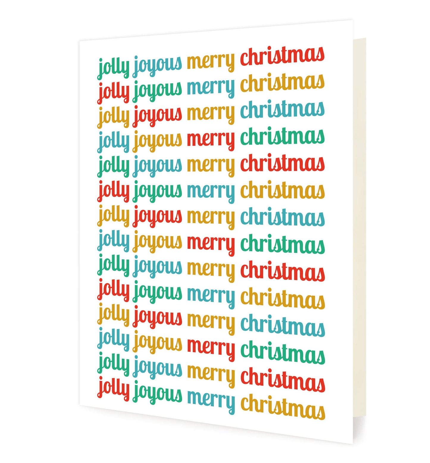 Front of folded holiday cards featuring cheerful, multicolored “Jolly Joyous Merry Christmas” text repeated down the length of the card on a white background.