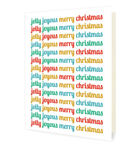 Front of folded holiday cards featuring cheerful, multicolored “Jolly Joyous Merry Christmas” text repeated down the length of the card on a white background.