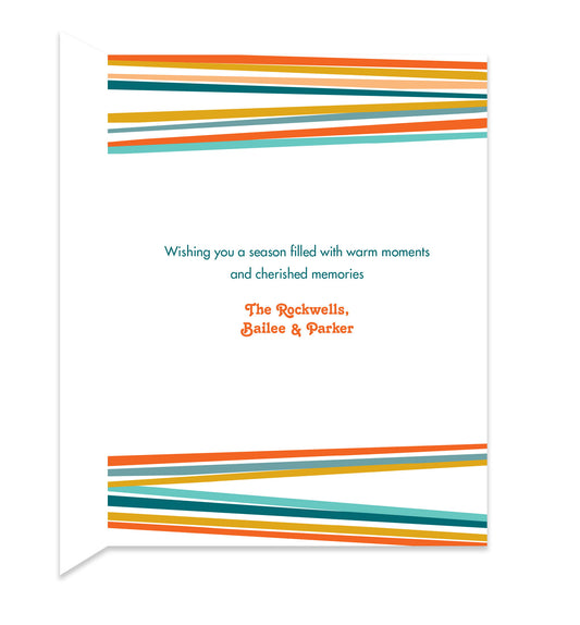 Inside of folded holiday card with coordinating stripes design and a personal greeting.