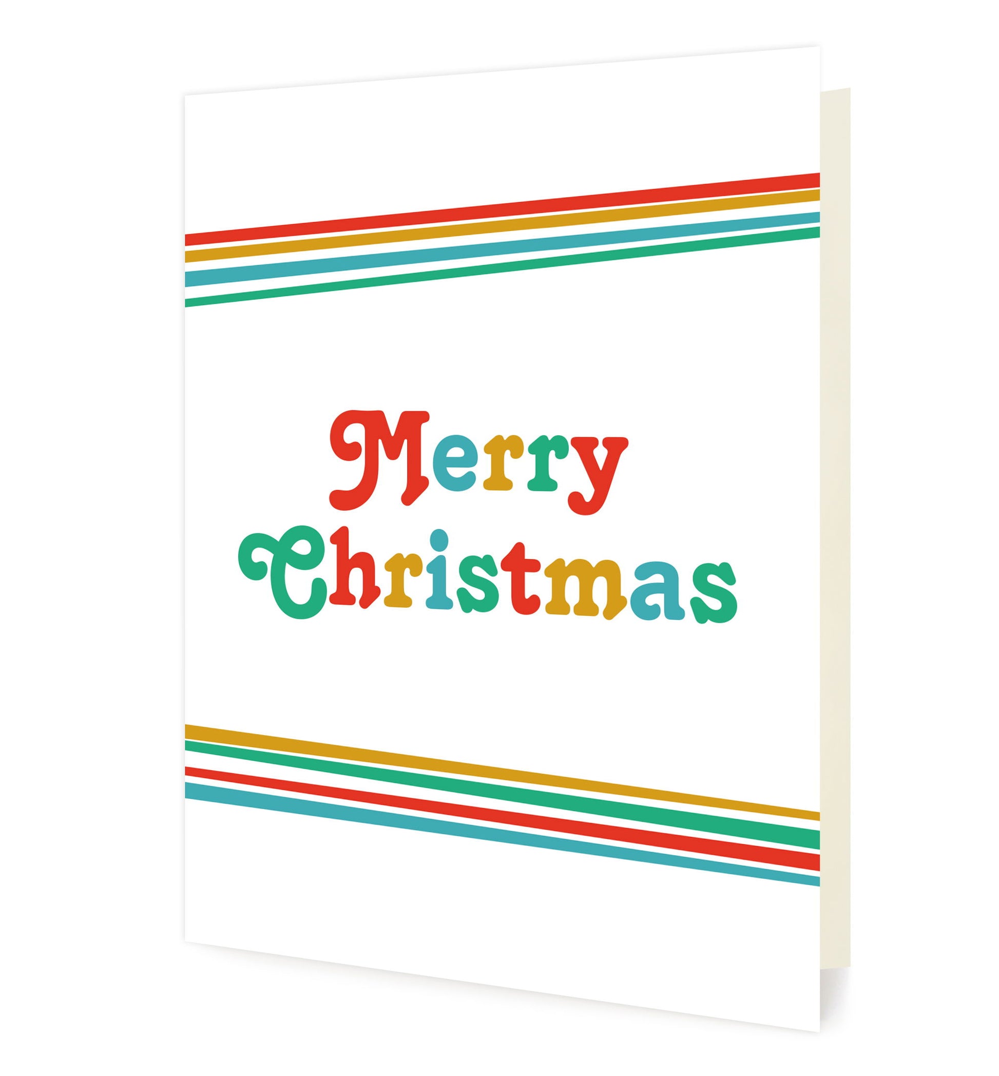 Front of folded holiday card featuring colorful stripes and bold “Merry Christmas” text in playful lettering on a white background. 