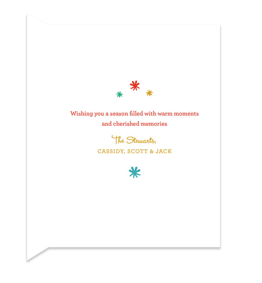 Inside of folded holiday card with coordinating color stars and a personal greeting.