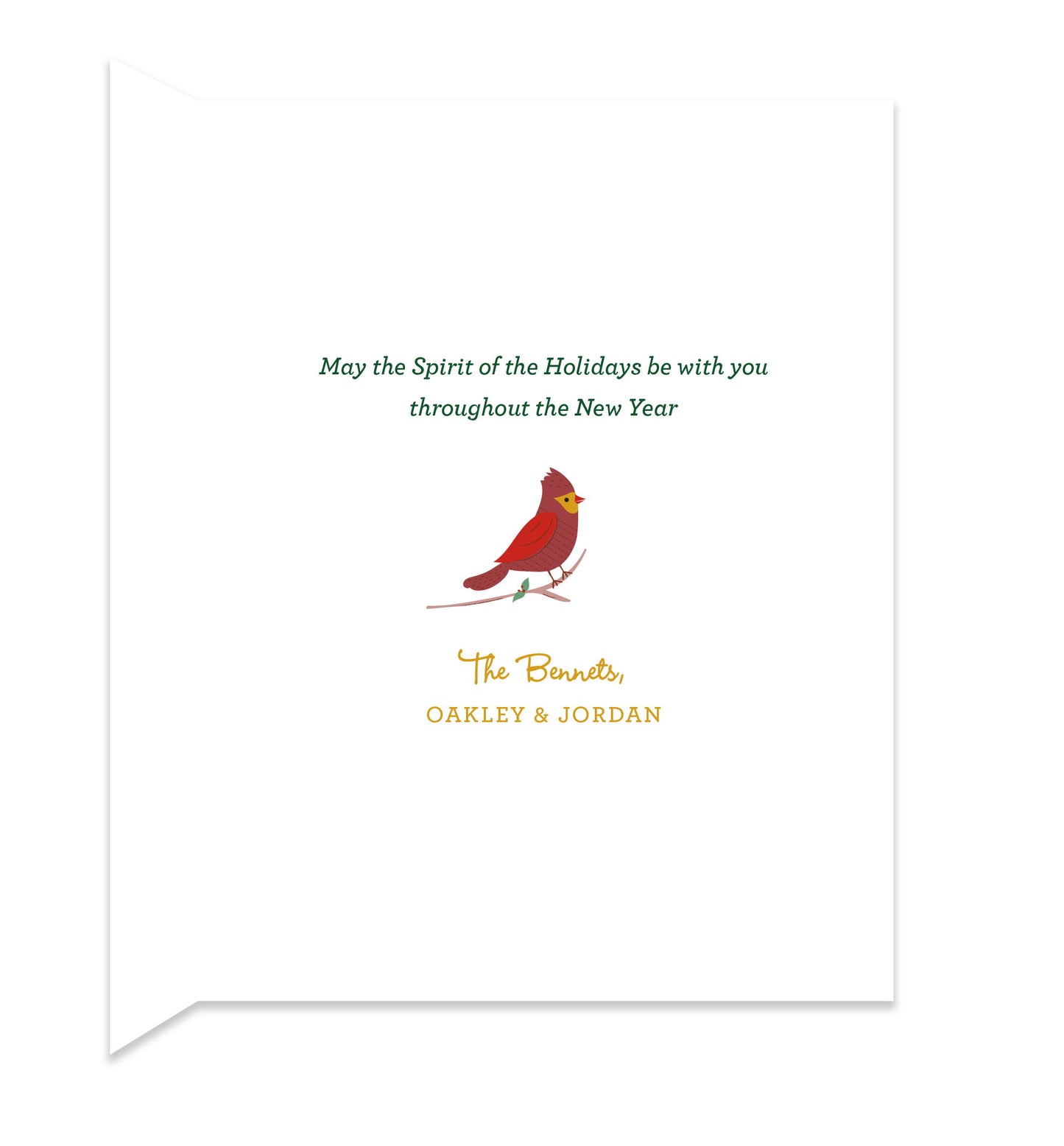 Inside of folded holiday card with coordinating red bird design and personal greeting.