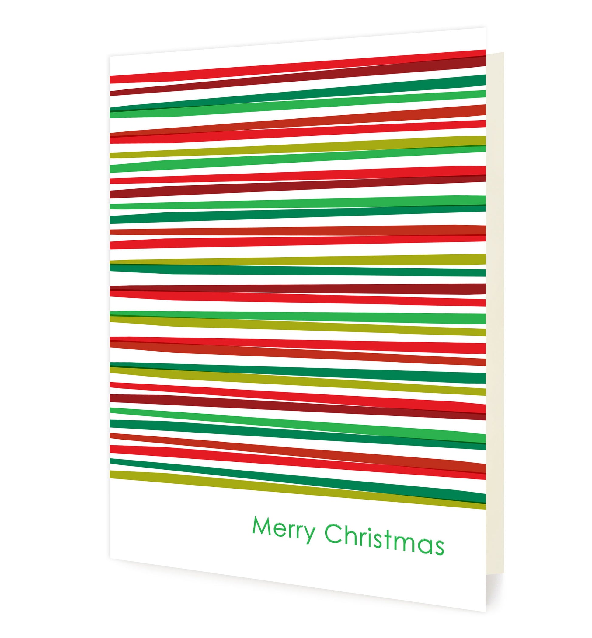 Front of folded holiday card featuring red and green stripes on a white background with a festive “Merry Christmas” greeting. 