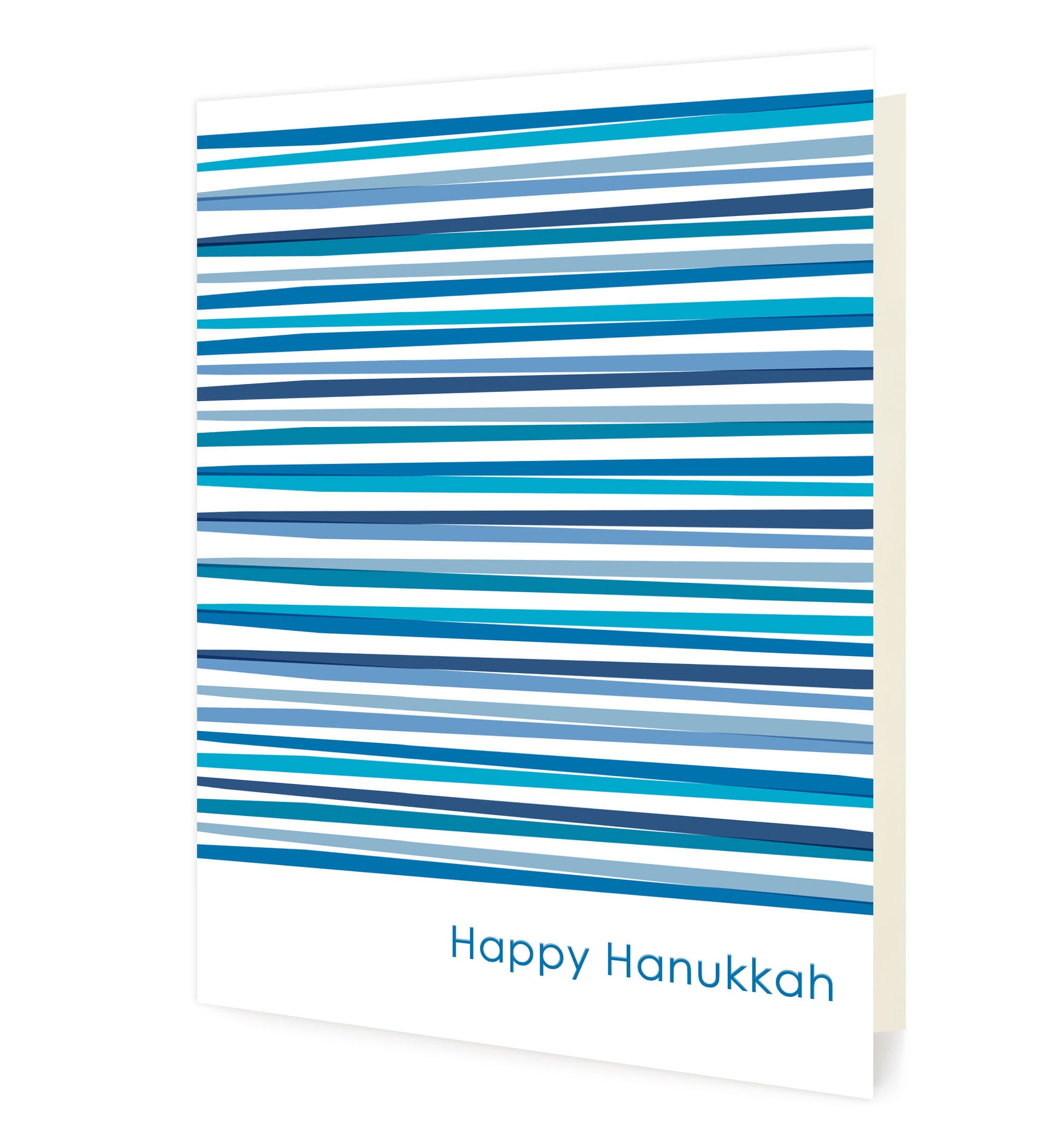 Front of folded holiday card featuring horizontal stripes in various shades of blue on a white background with a “Happy Hanukkah" greeting at the bottom. 