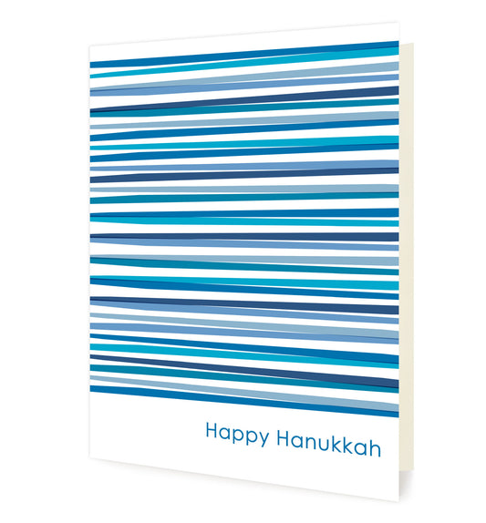 Front of folded holiday card featuring horizontal stripes in various shades of blue on a white background with a “Happy Hanukkah" greeting at the bottom. 