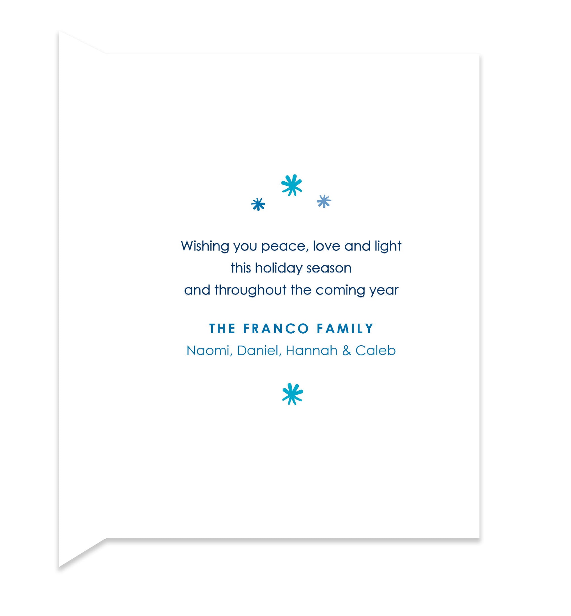 Inside of folded holiday card with coordinating blue stars and a personal greeting.