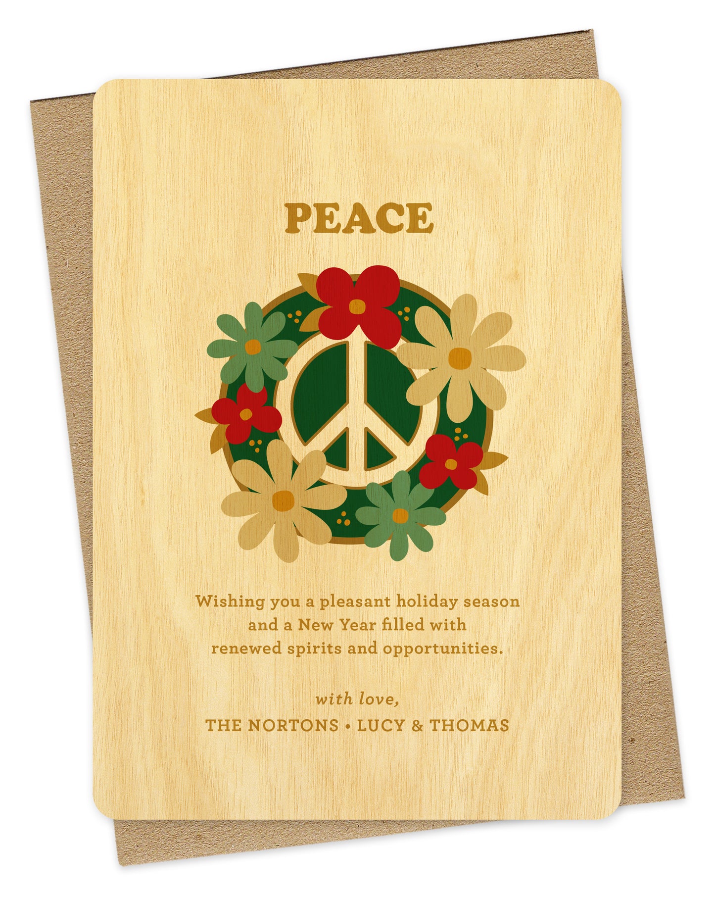 Customizable birch wood holiday card featuring a peace sign surrounded by colorful flowers with “Peace” text at the top and a personal greeting at the bottom. Shown with a kraft envelope.