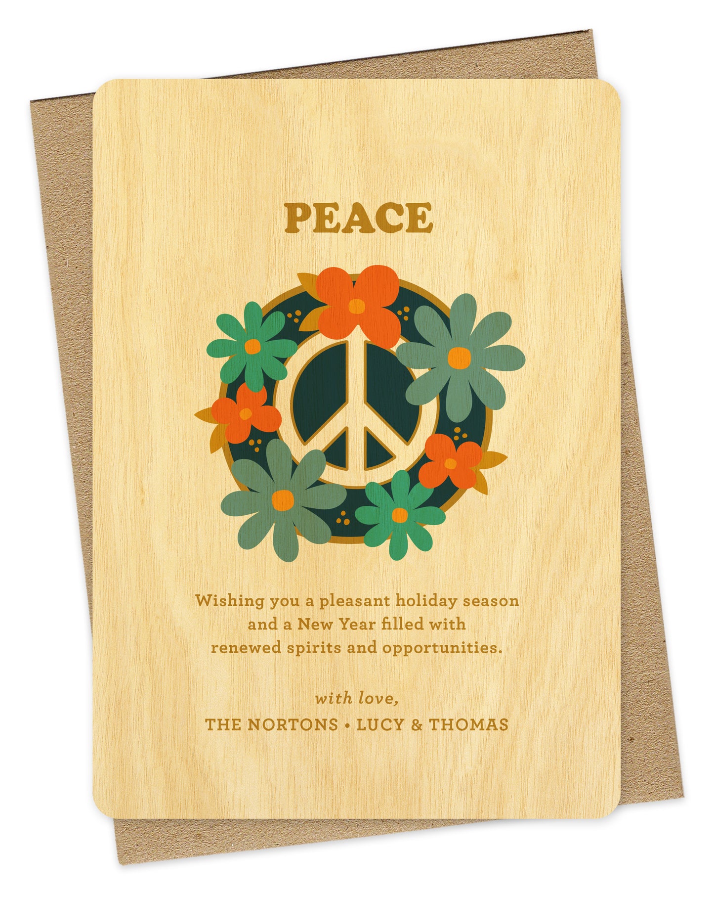 Customizable birch wood holiday card featuring a peace sign surrounded by colorful flowers with “Peace” text at the top and a personal greeting at the bottom. Shown with a kraft envelope.