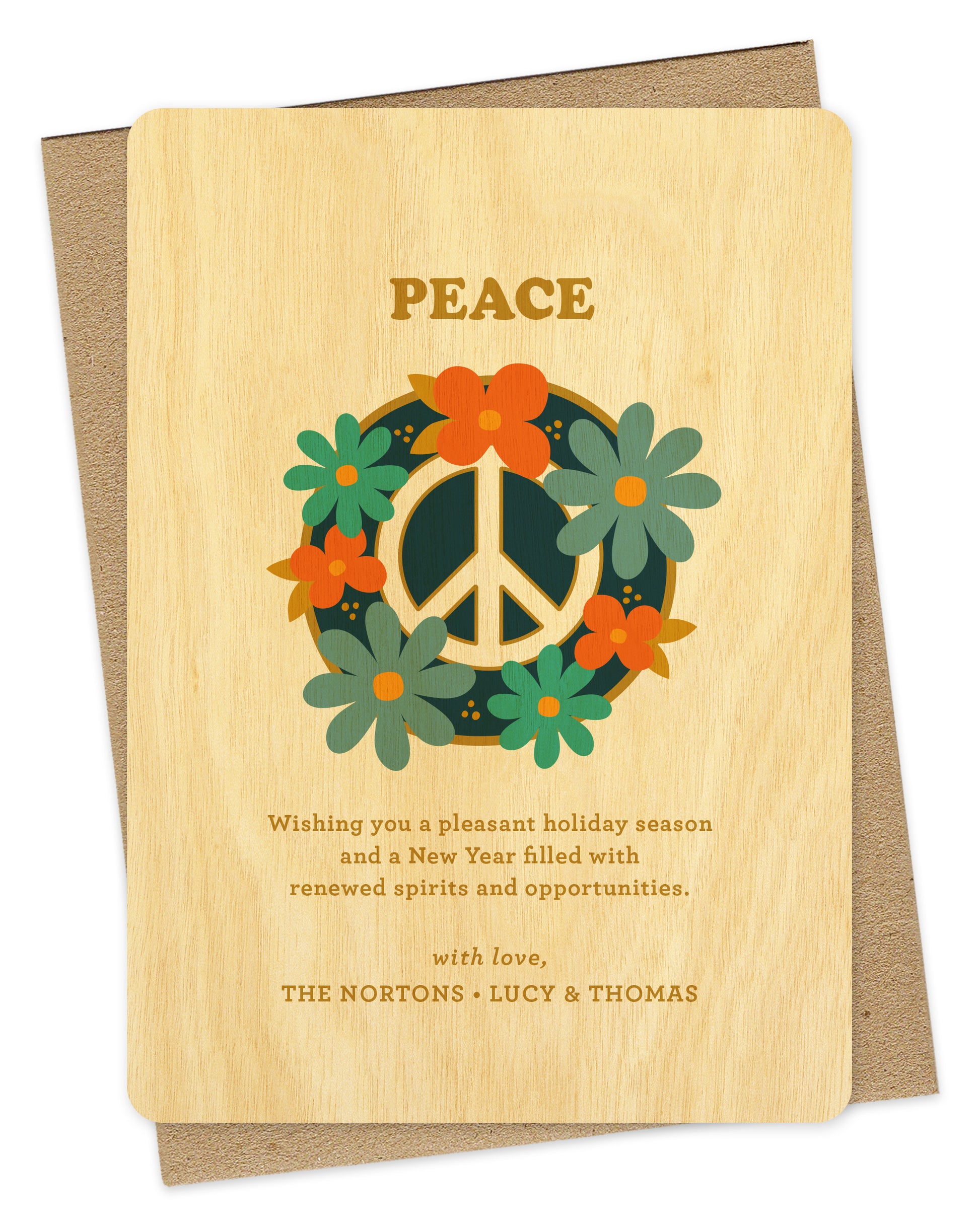 Customizable birch wood holiday card featuring a peace sign surrounded by colorful flowers with “Peace” text at the top and a personal greeting at the bottom. Shown with a kraft envelope.