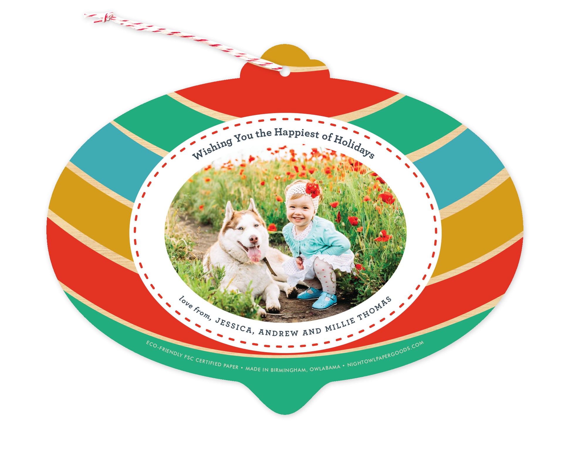 Back of customizable bulb-shaped paper holiday ornament card with Photo + Text Back option showing a personal photo and message bordered by bold, colorful stripes.
