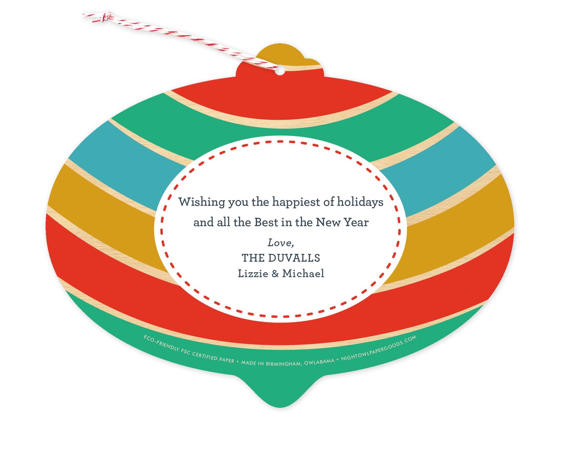 Back of customizable bulb-shaped paper holiday ornament card with Text Back option showing a personal message bordered by bold, colorful stripes.