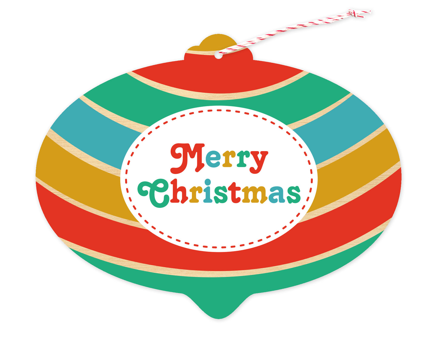 Front of bulb-shaped paper holiday ornament card with bold, colorful stripes and “Merry Christmas” text.