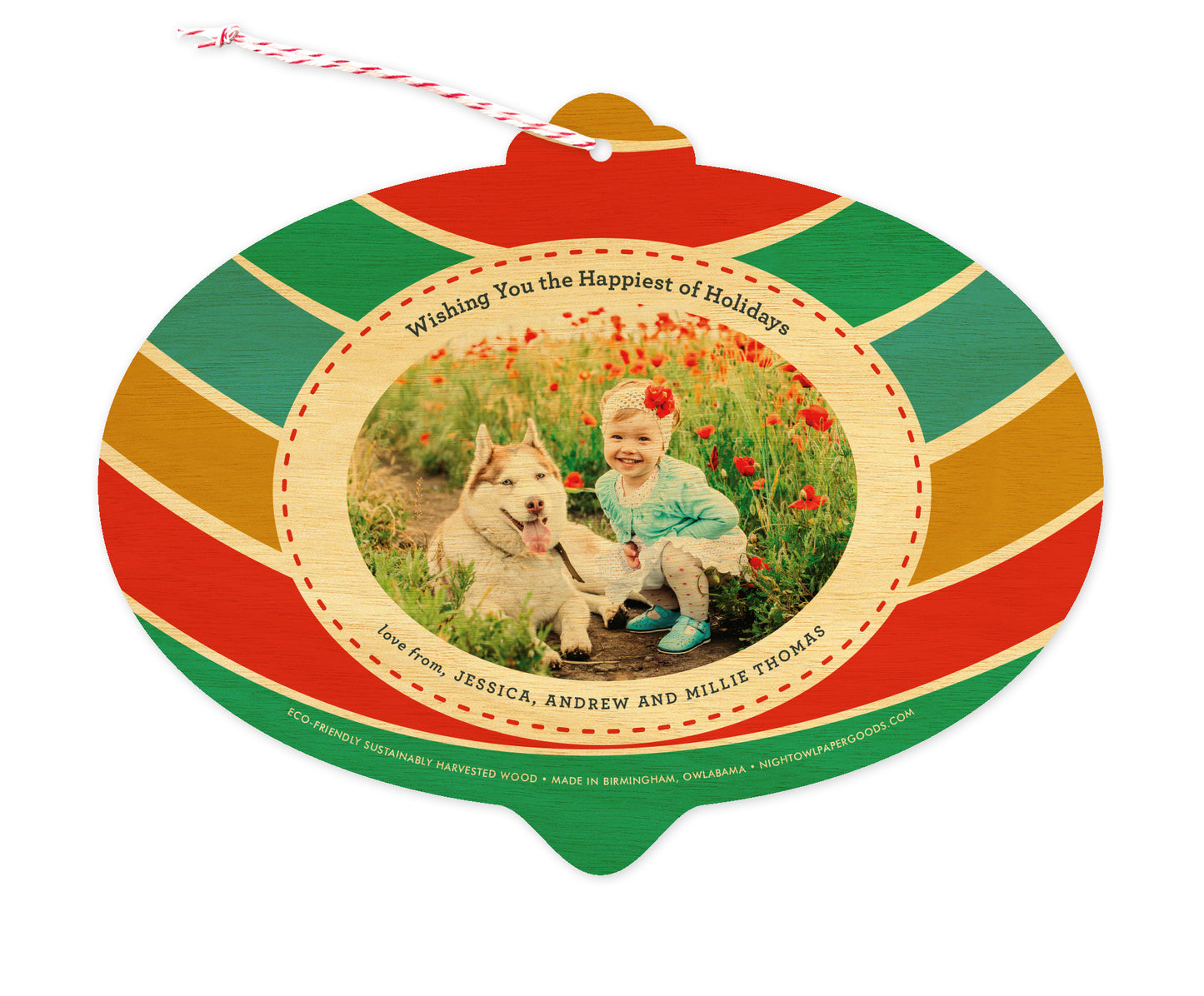 Back of customizable bulb-shaped wood holiday ornament card with Photo + Text Back option showing a personal photo and message bordered by bold, colorful stripes.
