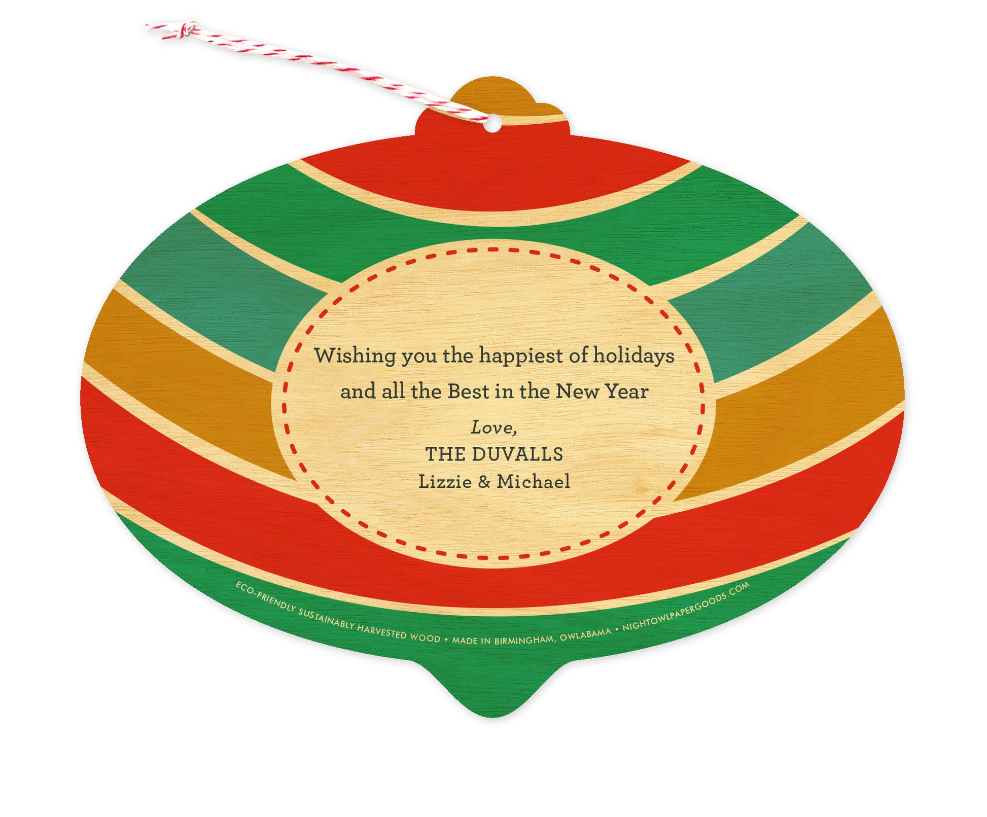 Back of customizable bulb-shaped wood holiday ornament card with Text Back option showing a personal message bordered by bold, colorful stripes.