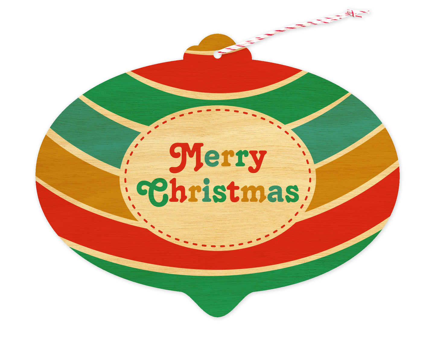 Front of bulb-shaped wood holiday ornament card with bold, colorful stripes and “Merry Christmas” text.