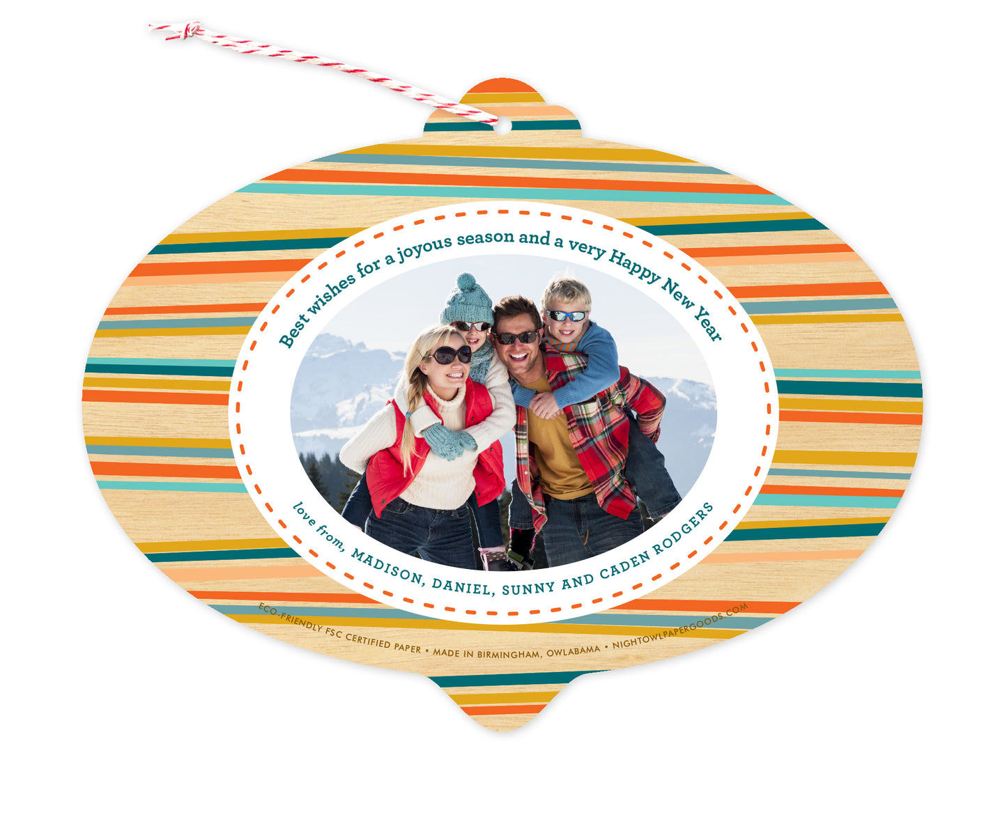 Back of customizable bulb-shaped paper holiday ornament card with Photo + Text Back option showing a personal photo and message bordered by bold, colorful stripes.