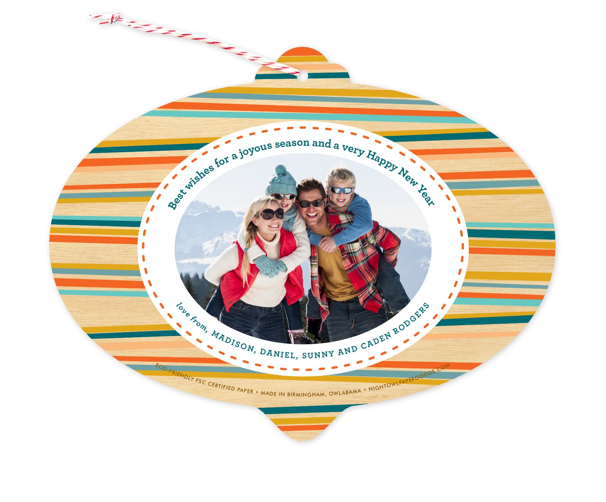 Back of customizable bulb-shaped paper holiday ornament card with Photo + Text Back option showing a personal photo and message bordered by bold, colorful stripes.