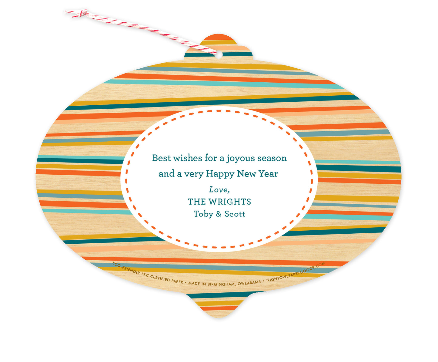 Back of customizable bulb-shaped paper holiday card ornament with Text Back option, showing a personal greeting bordered by colorful stripes.
