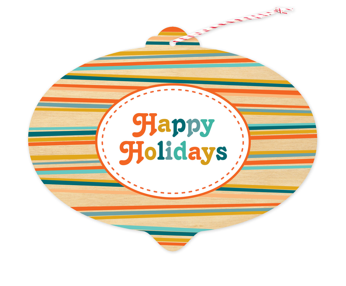Front of bulb-shaped paper holiday ornament card with colorful stripes and “Happy Holidays” greeting.