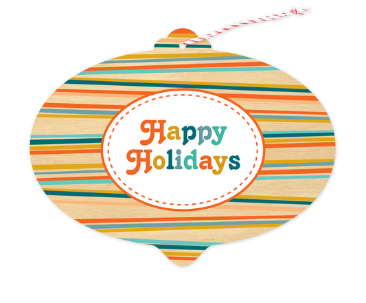Front of bulb-shaped paper holiday ornament card with colorful stripes and “Happy Holidays” greeting.