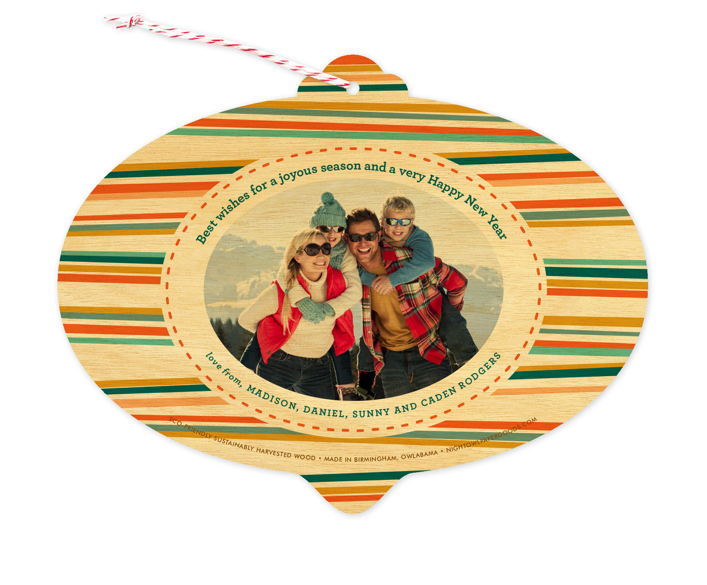Back of customizable bulb-shaped wood holiday ornament card with Photo + Text Back option showing a personal photo and message bordered by colorful stripes.