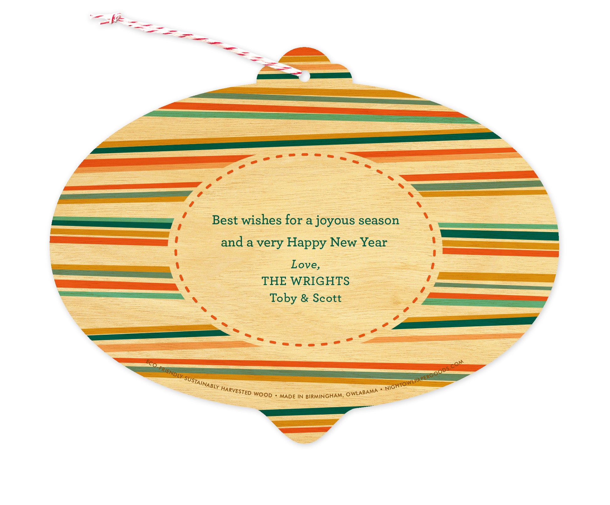 Back of customizable bulb-shaped wood holiday card ornament with Text Back option, showing a personal greeting bordered by colorful stripes.