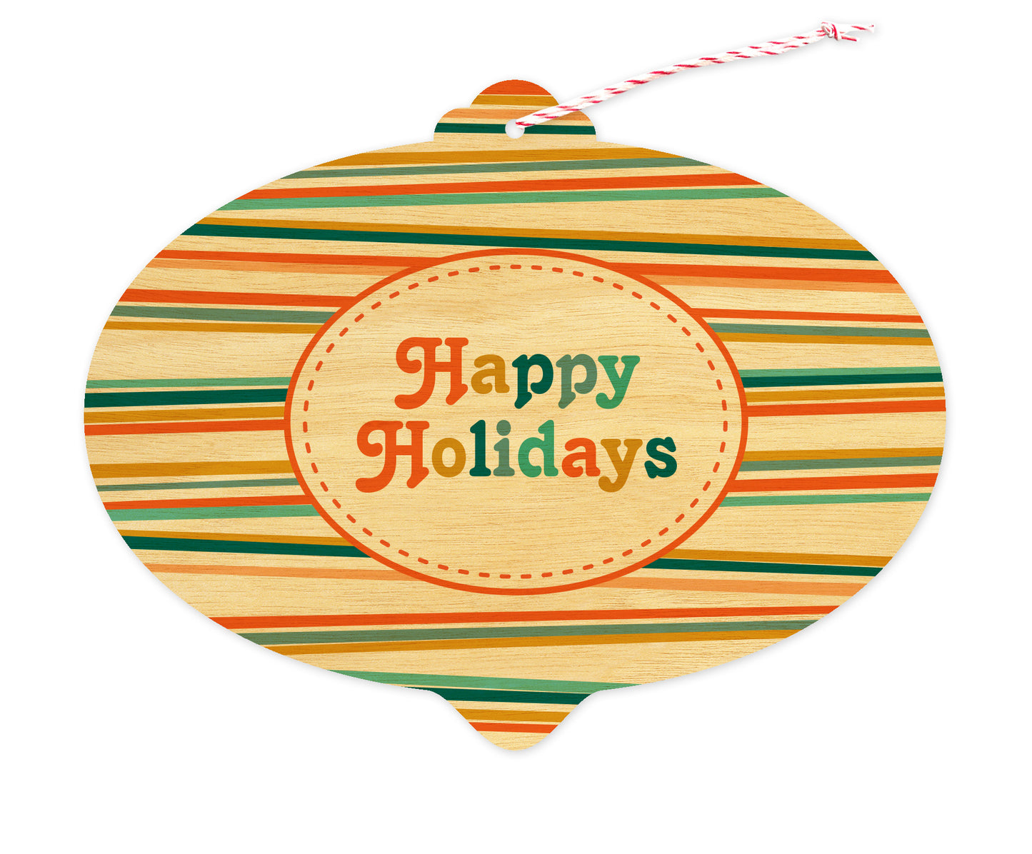 Front of bulb-shaped birch wood holiday ornament card with colorful stripes and “Happy Holidays” greeting.