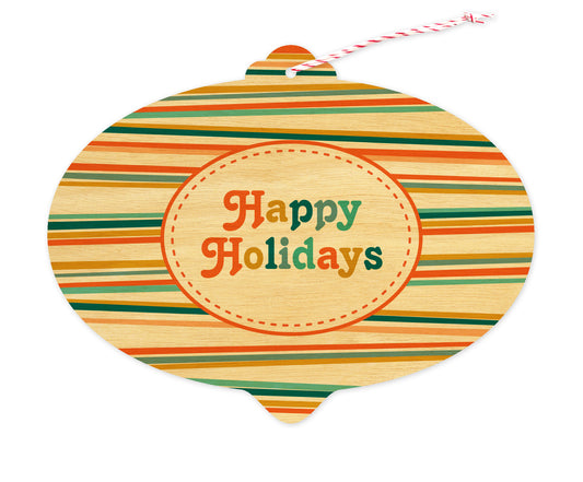 Front of bulb-shaped birch wood holiday ornament card with colorful stripes and “Happy Holidays” greeting.