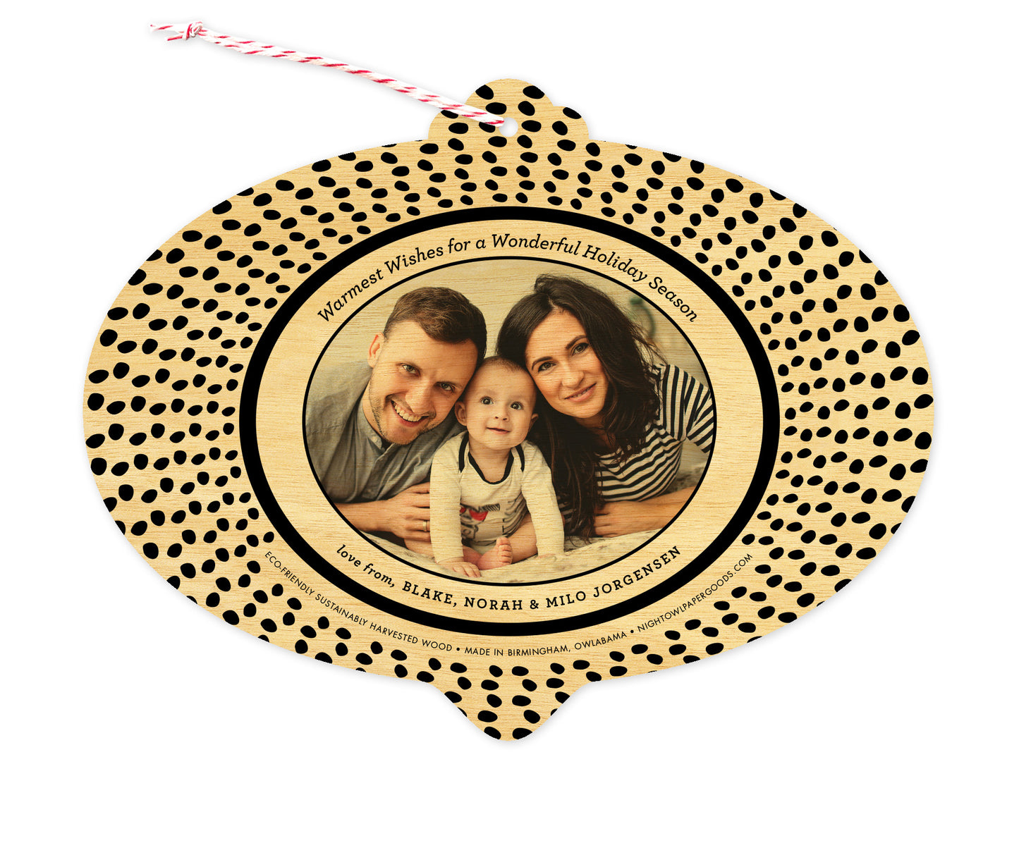 Back of customizable bulb-shaped wood holiday ornament card with Photo + Text Back option showing a personal photo and message bordered by black speckles.