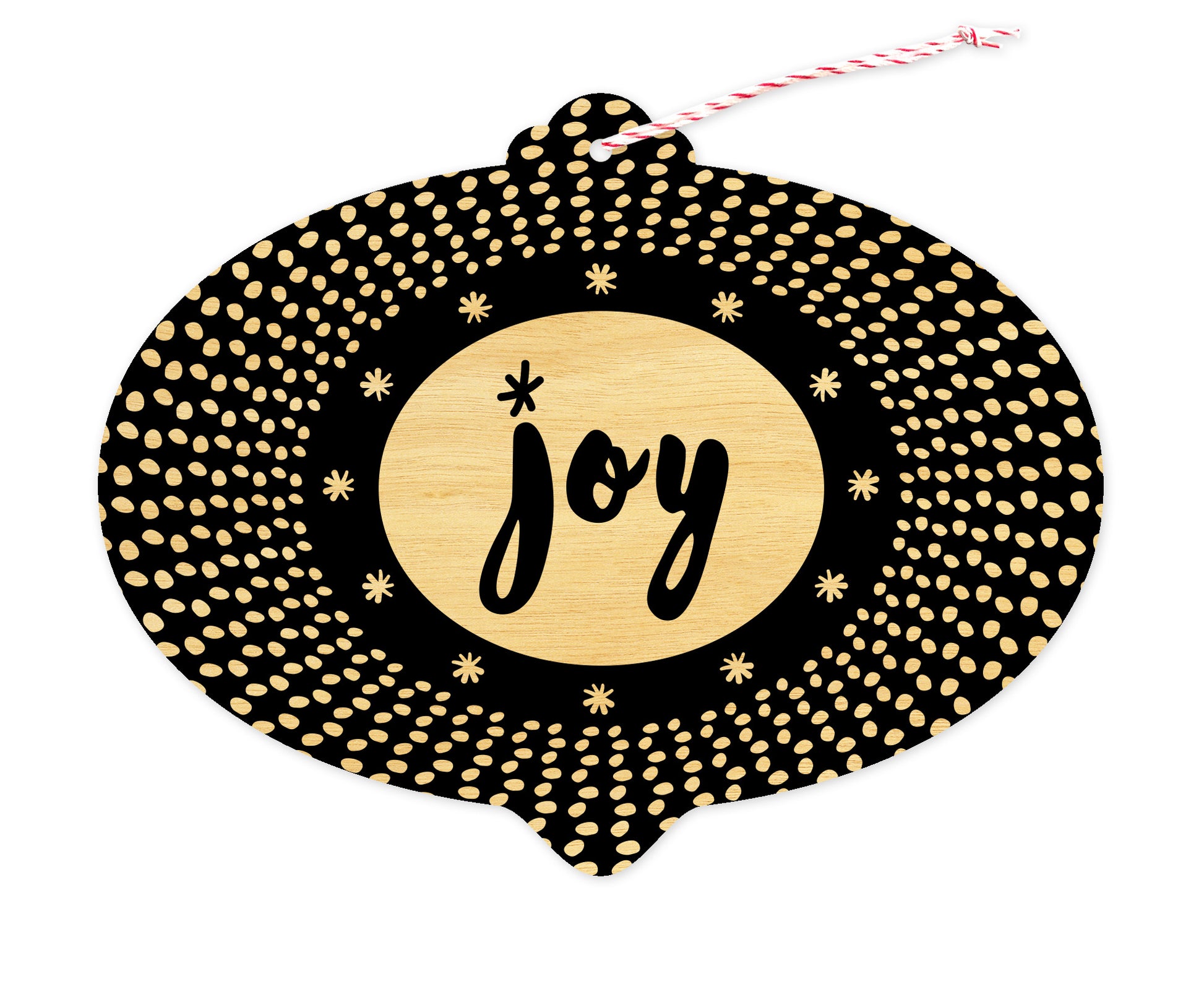 Front of bulb-shaped birch wood holiday ornament card with black-and-white pattern and “Joy” greeting.