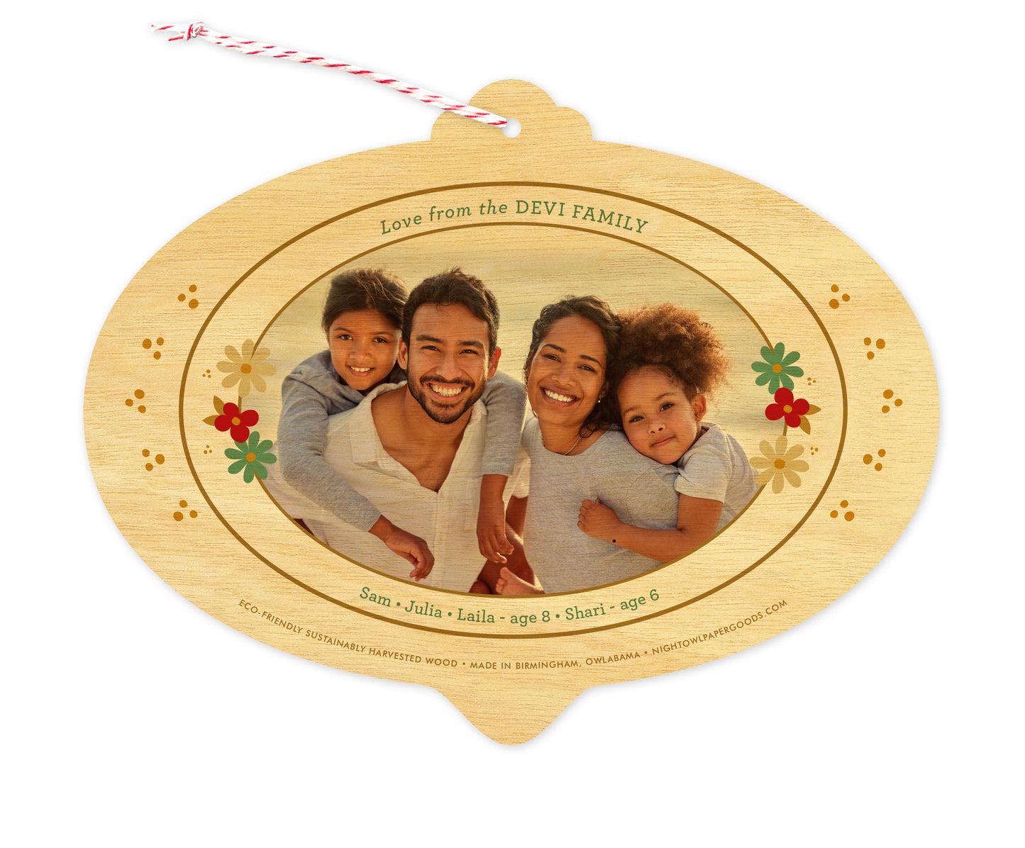 Back of customizable bulb-shaped wood holiday ornament card with Photo + Text Back option showing a personal photo and message accented by several small flowers.
