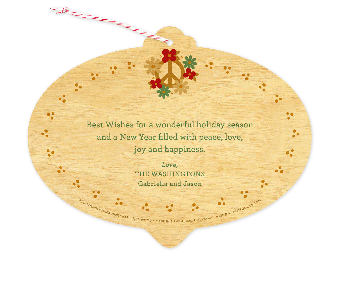 Back of customizable bulb-shaped birch wood holiday card ornament with Text Back option, showing a peace sign adorned with flowers and a personal greeting.