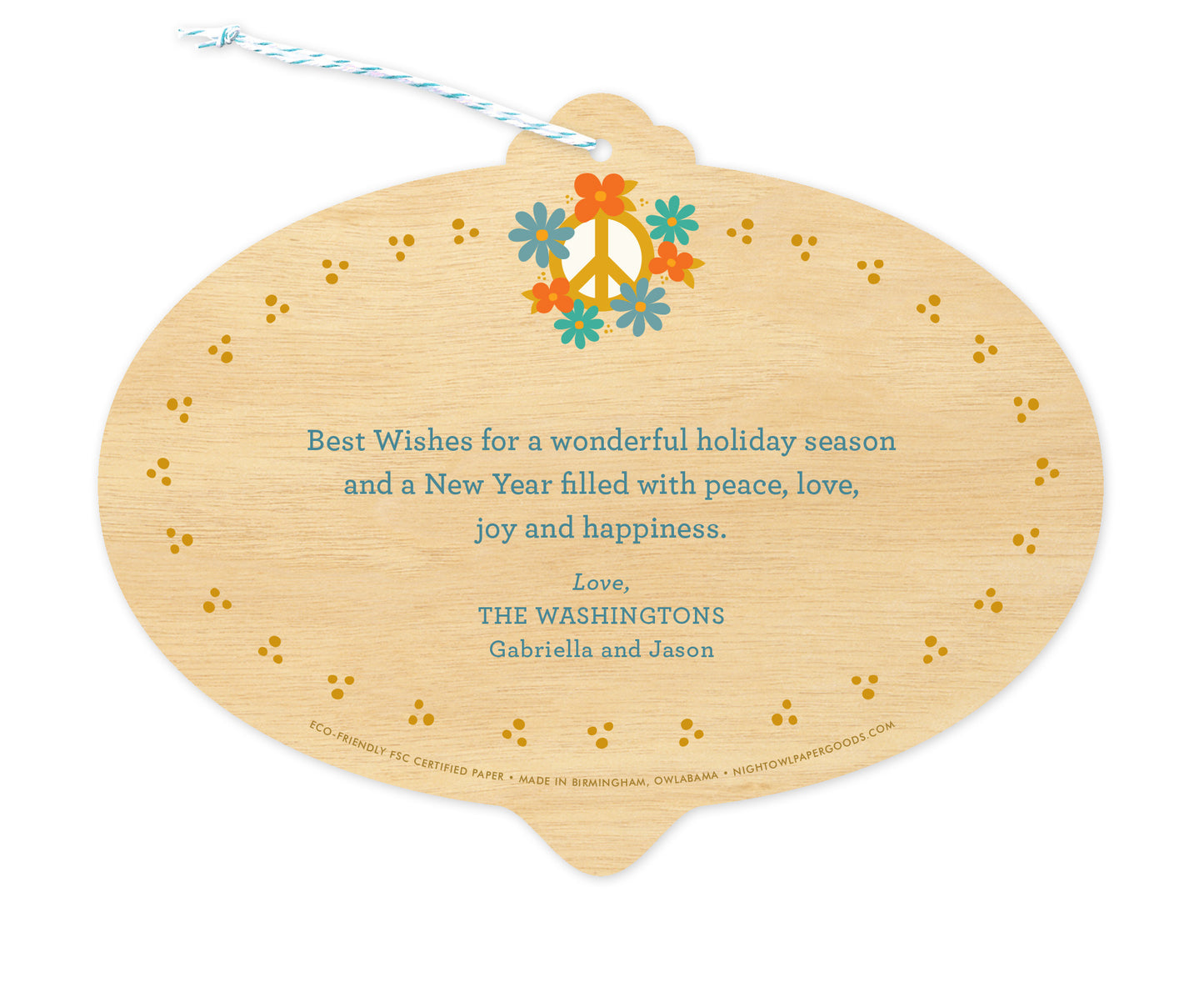 Back of customizable bulb-shaped birch paper holiday card ornament with Text Back option, showing a peace sign adorned with flowers and a personal greeting.