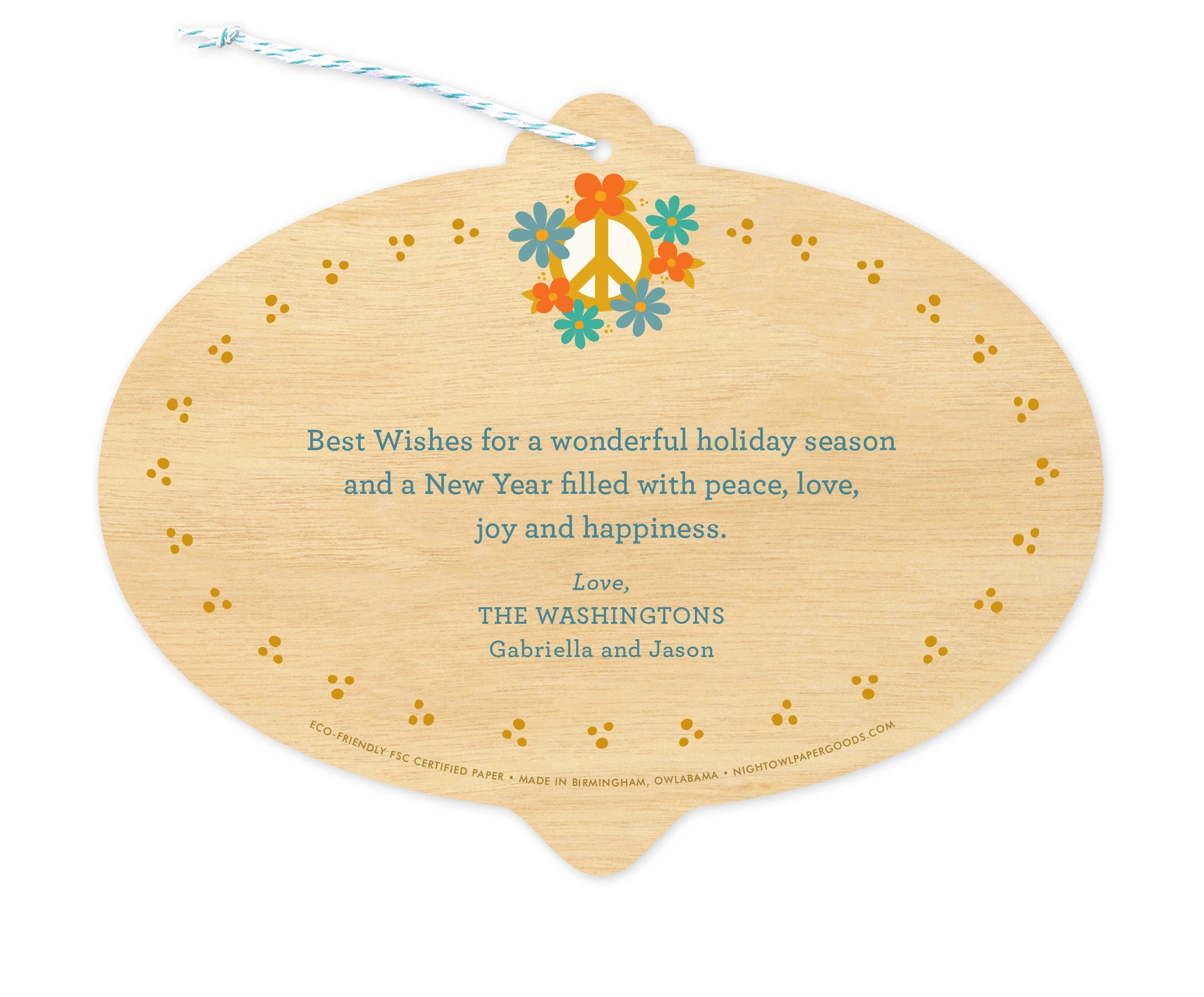 Back of customizable bulb-shaped birch paper holiday card ornament with Text Back option, showing a peace sign adorned with flowers and a personal greeting.