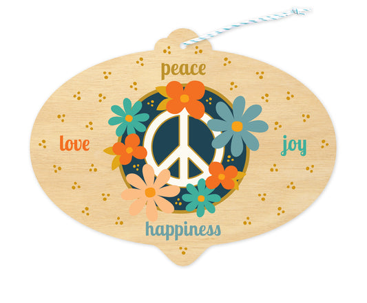 Front of bulb-shaped paper holiday ornament card with floral peace sign and “peace, love, joy, happiness” text.