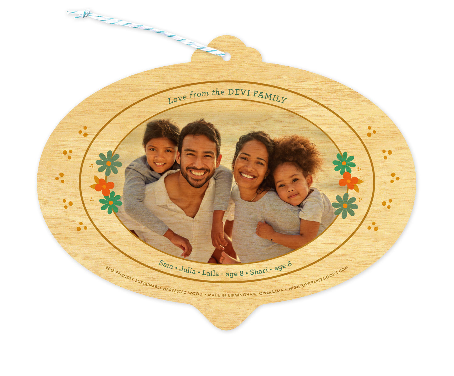 Back of customizable bulb-shaped wood holiday ornament card with Photo + Text Back option showing a personal photo and message accented by several small flowers.
