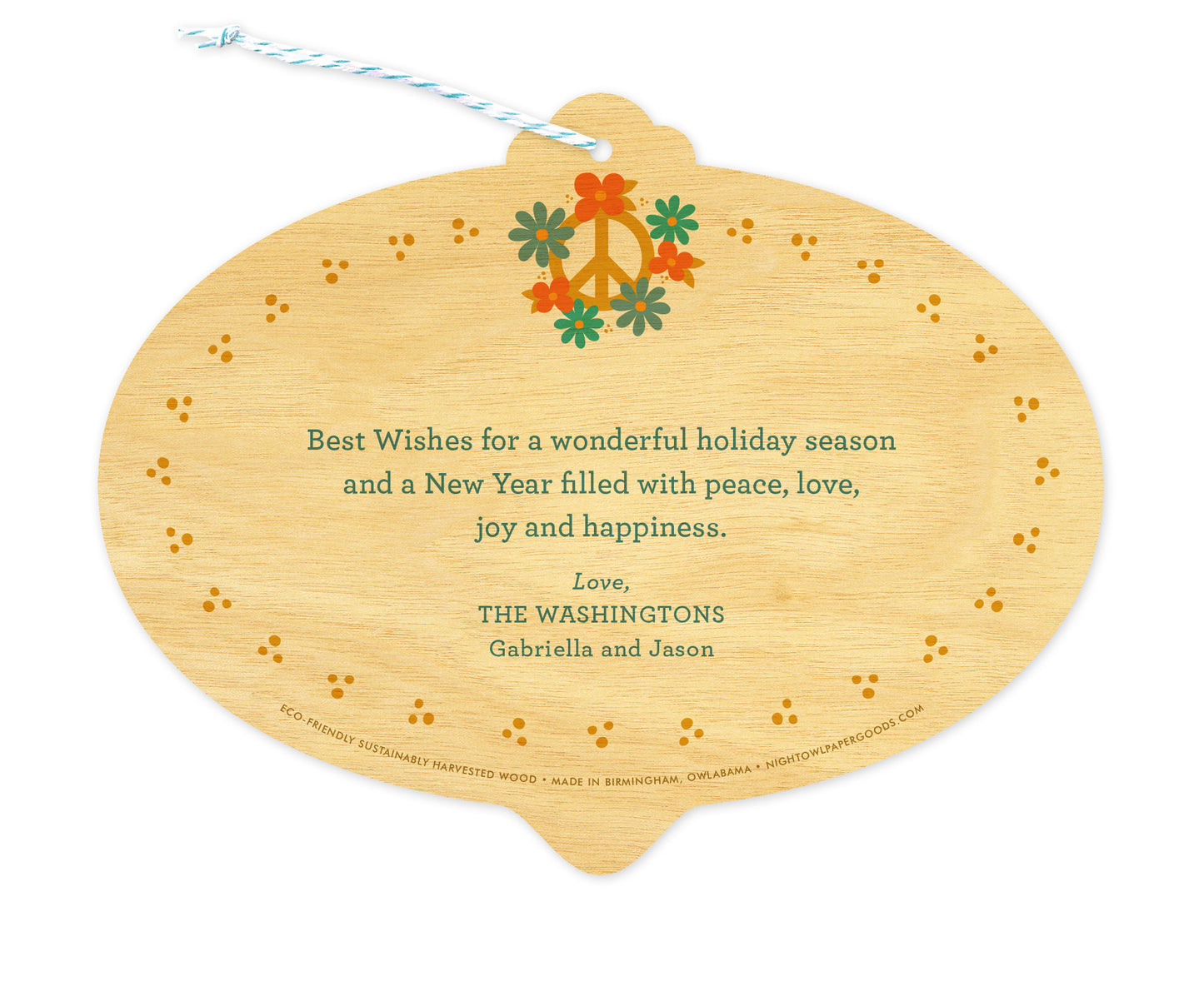 Back of customizable bulb-shaped birch wood holiday card ornament with Text Back option, showing a peace sign adorned with flowers and a personal greeting.