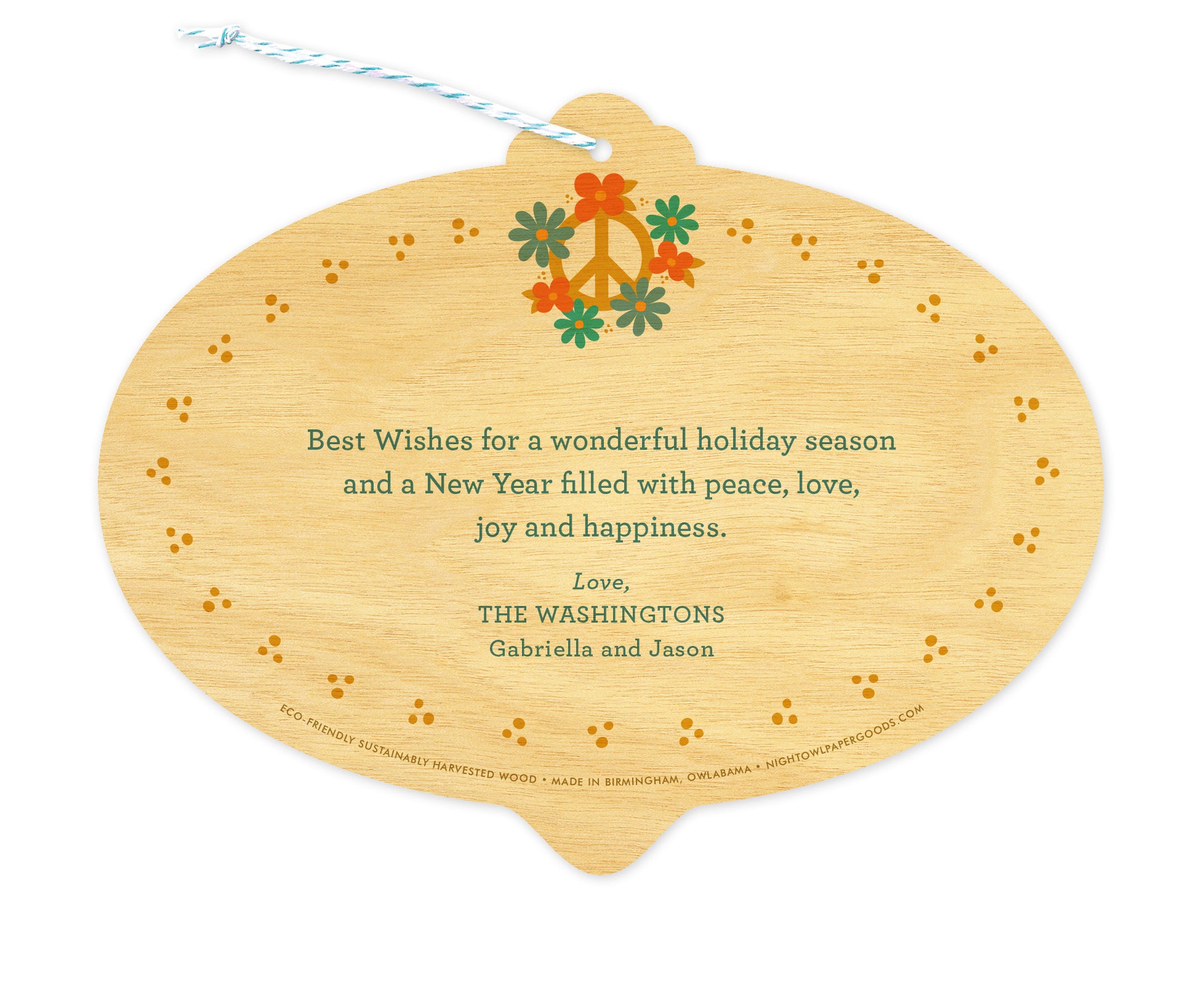 Back of customizable bulb-shaped birch wood holiday card ornament with Text Back option, showing a peace sign adorned with flowers and a personal greeting.