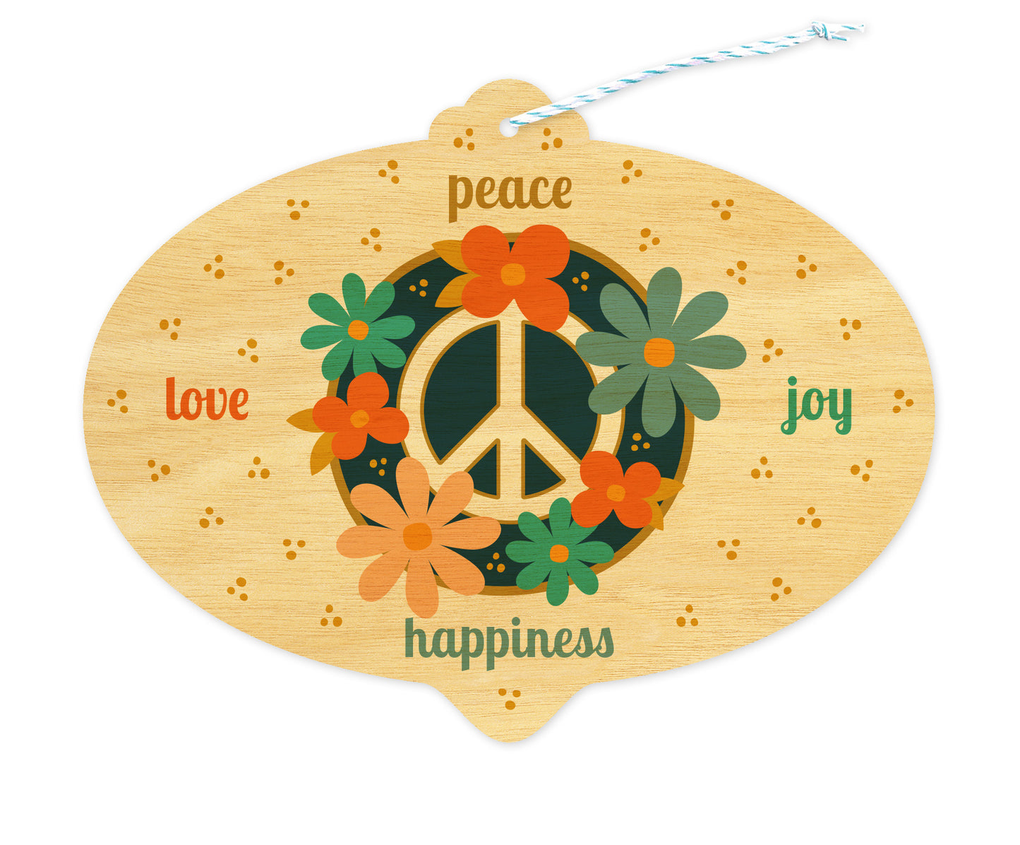 Front of bulb-shaped holiday ornament card on birch wood with floral peace sign and “peace, love, joy, happiness” text.