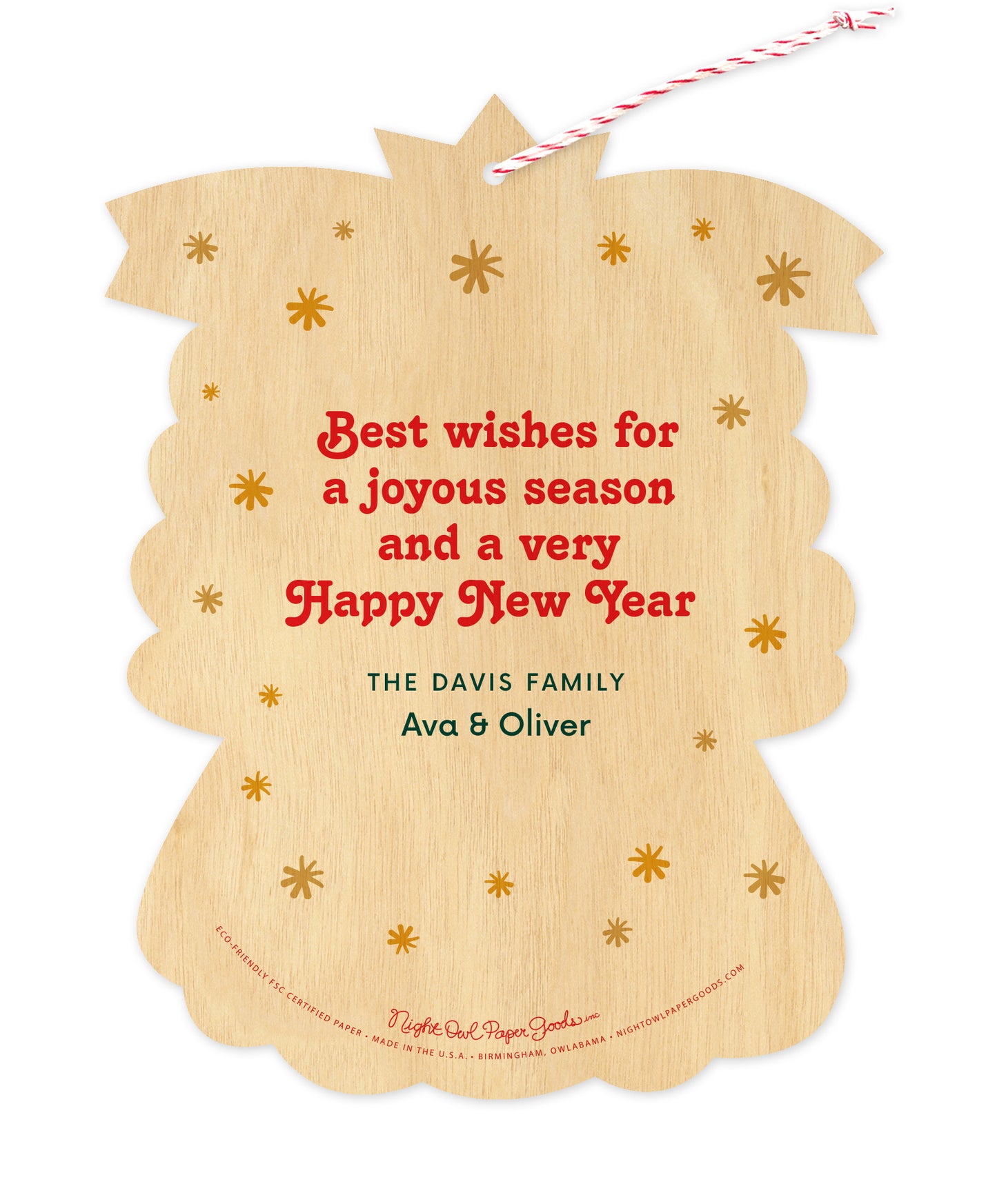 Back of customizable angel-shaped paper Christmas ornament card with gold stars and a personal message on a printed birch wood grain background.