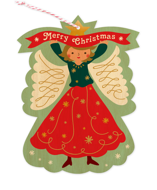 Front of paper holiday ornament card featuring a stylish angel holding a festive "Merry Christmas" banner on a printed birch wood grain background. 