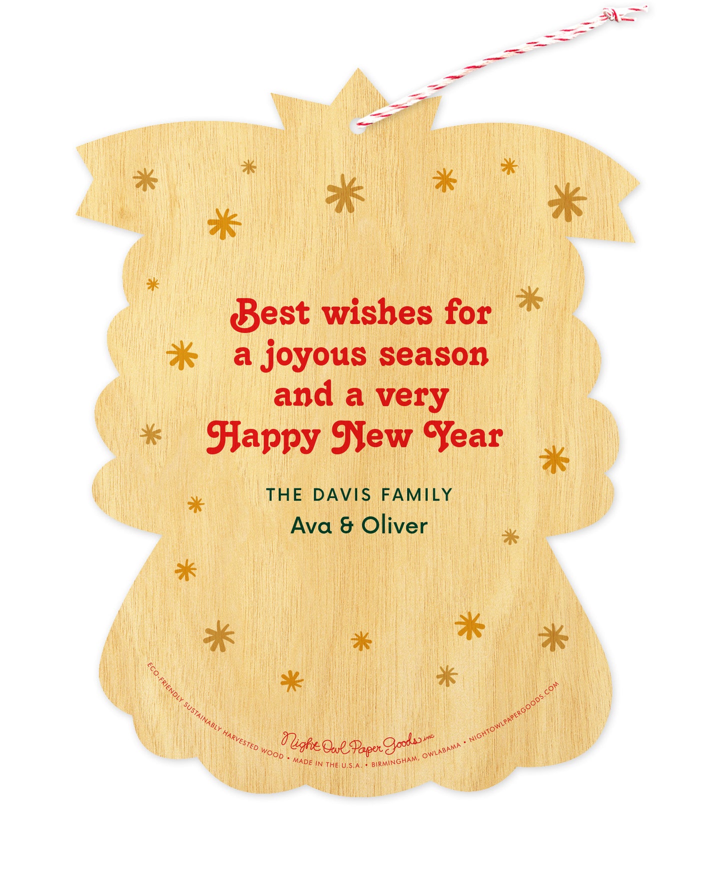 Back of customizable angel-shaped wood Christmas ornament card with gold stars and a personal message.