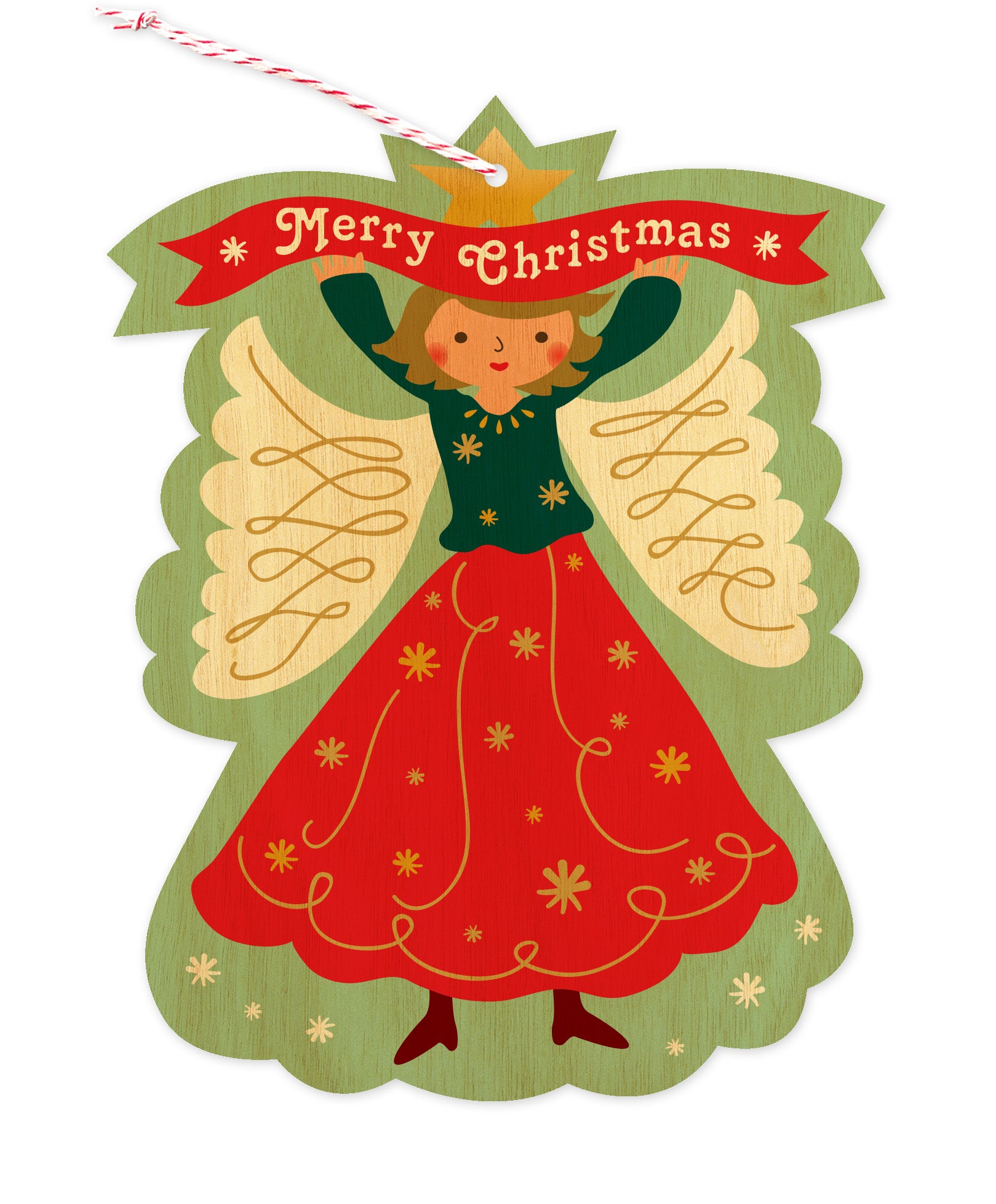 Front of wood holiday ornament card featuring a stylish angel holding a festive "Merry Christmas" banner. 