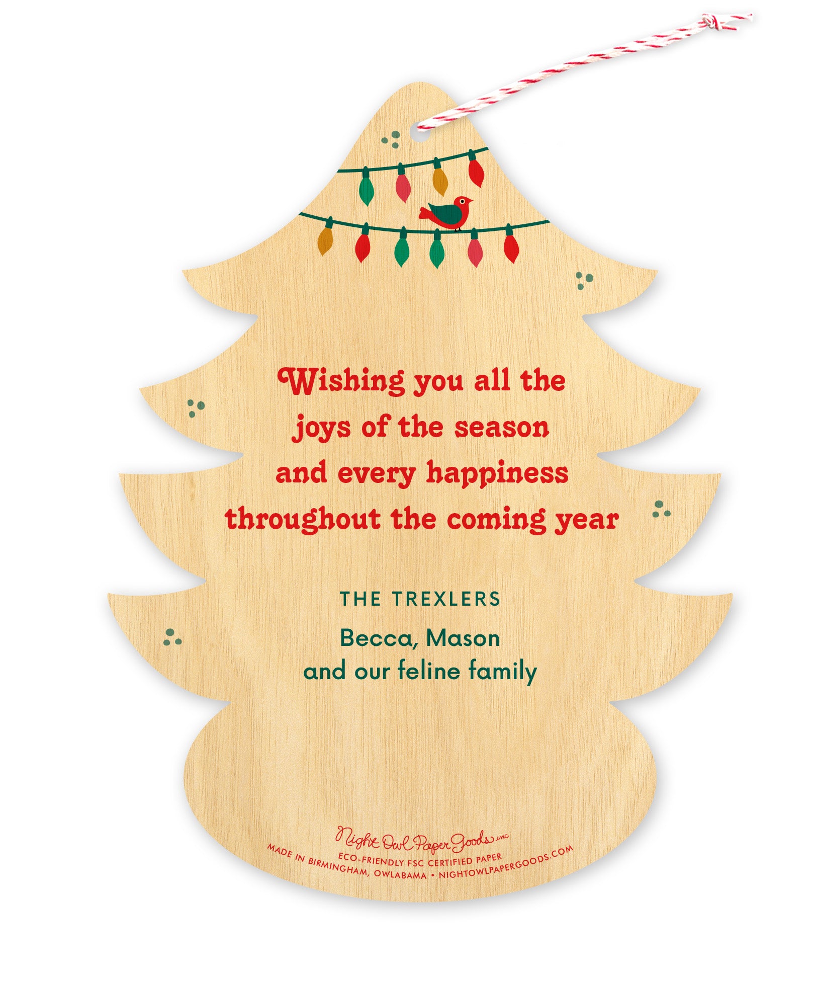 Back of customizable tree-shaped paper holiday ornament card with Text Back option showing a personal message, Christmas lights and a small bird on a printed birch wood background.