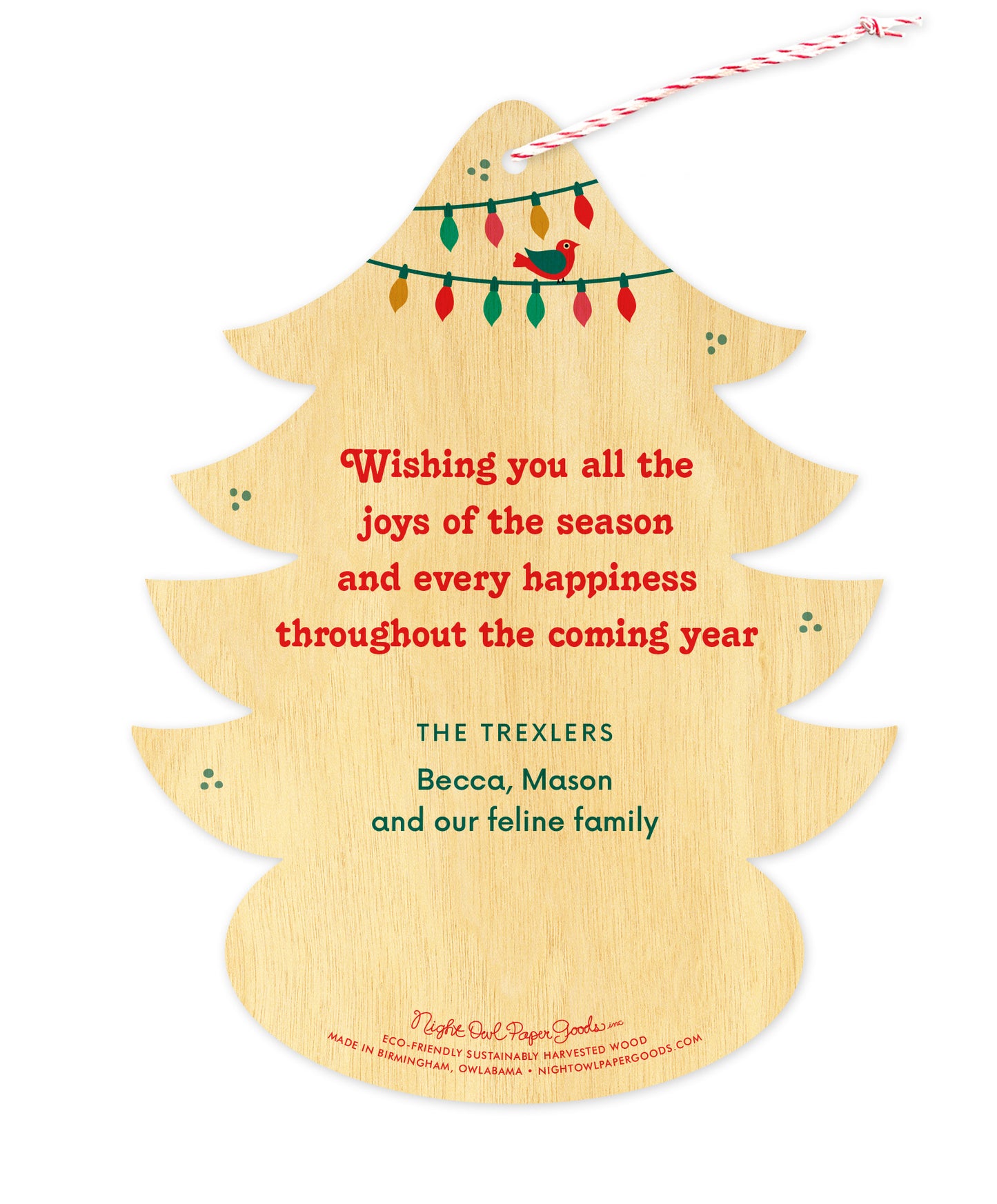 Back of customizable tree-shaped wood holiday ornament card with Text Back option showing a personal message, Christmas lights and a small bird.