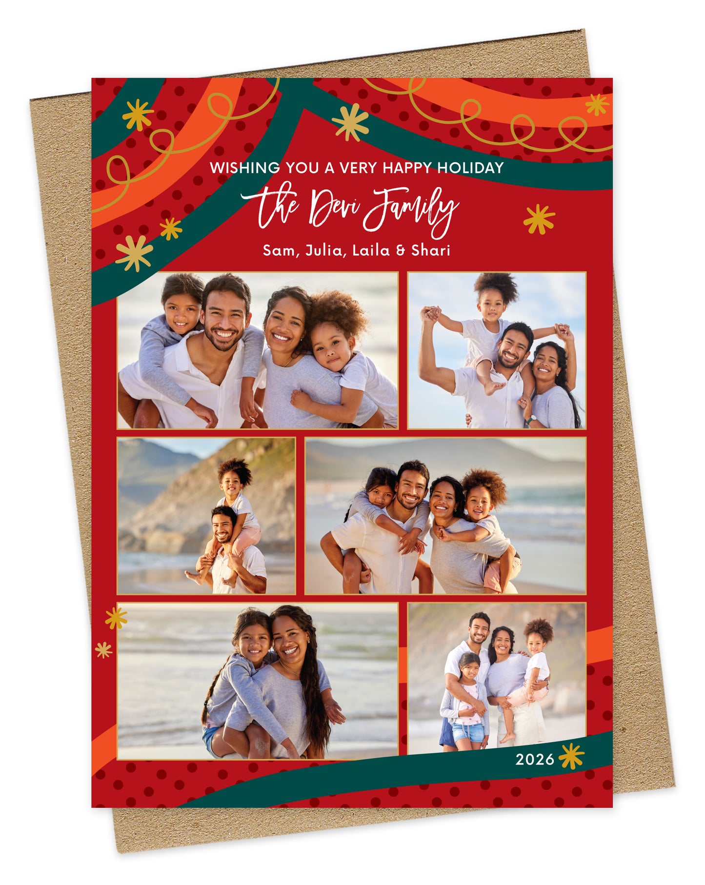 Customizable paper holiday card showcasing 6 photos and "Wishing you a Very Happy Holiday" text, framed by a festive red, green and gold holiday design. Pictured with a kraft envelope. 